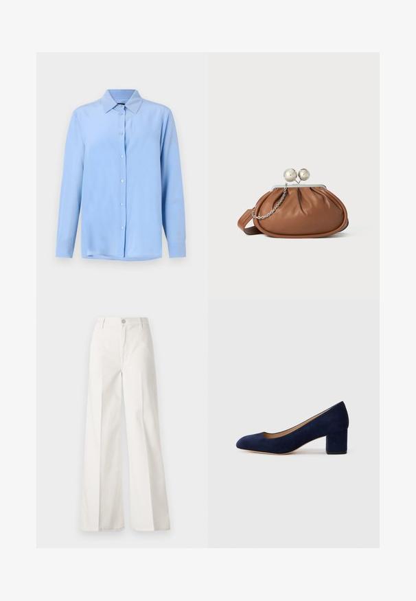 Camicia azzurro chiaro con colletto, maniche lunghe e una texture di tessuto liscia; presenta bottoni frontali e una vestibilità leggermente rilassata.; Pantaloni bianchi a gamba larga realizzati in cotone con una texture liscia. Presentano un bottone anteriore, una zip e un design a quattro tasche.; Pump in suede blu Navy con punta affusolata e tacco blocco di media altezza. Texture liscia con una leggera lucentezza e un piccolo taglio sul davanti.; Pochette in pelle marrone con chiusura a sfera argentata e un piccolo dettaglio a catena argento su sfondo bianco.