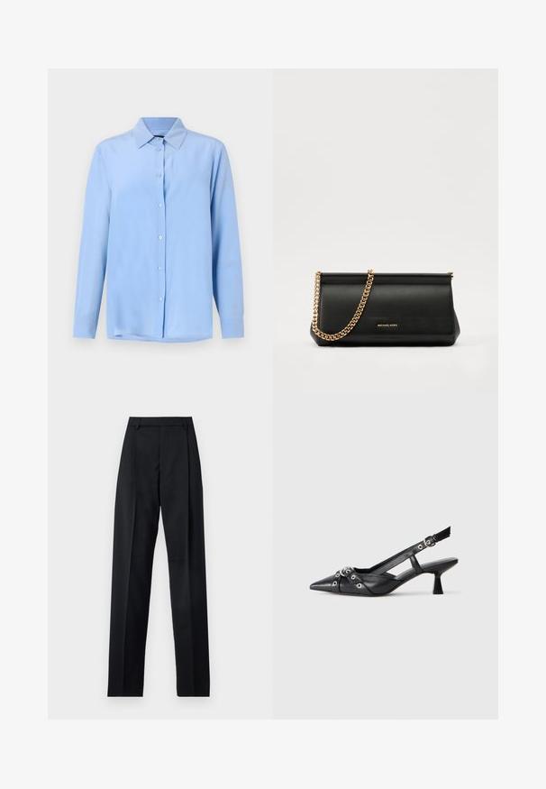 Vaaleansininen kauluspaita, jossa on pitkät hihat ja sileä kangas; edessä napit ja hieman rento istuvuus.; Musta housut, jotka on valmistettu sileästä kankaasta ja joissa on korkea vyötärö, leveät lahkeet, etukaarteet ja klassiset vyölenkit. Ei näkyviä sivutaskuja.; Mustat nahkakengät, joissa on avonainen takaosa ja kärjessä terävä muoto, koristevyöt, joissa on metalliset reiät, sekä matala lohkoepohja. Teksturoitu pinta.; Musta nahkainen clutch-laukku, jossa on kultaketju, sileä pinta, suorakulmainen muoto ja kohokuvioitu brändimerkintä edessä.