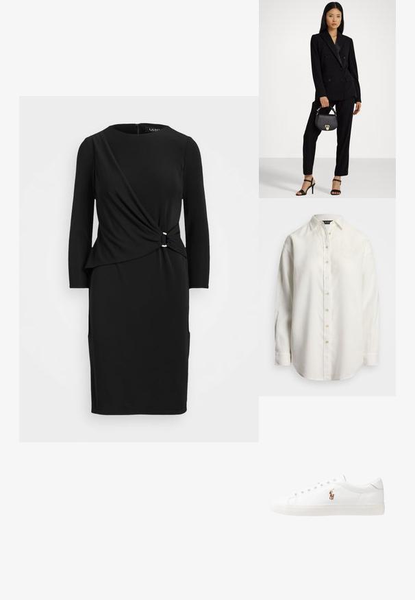 Balti lininšķīri ar garām piedurknēm un pogu apkakli, kas izceļas ar dzeltenām pogām un izšūtu logotipu uz krūtīm. Taisna piegriezuma dizains.; Melnas garām piedurknēm tērps ar mezgla detaļu jostas vietā, apaļa kakla izgriezuma un divām kabatām, izgatavots no gludas, stiept materiāla.; Baltas ādas sporta apavi, zema dizaina, ar gludu tekstūru, noapaļotu purngalu, ar auklēm priekšpusē un nelielu izšūtu logotipu sānos.; Melna divrindas žakete ar atbilstošām biksēm. Gluda auduma, strukturēts dizains un pieguļošs siluets. Tur mazu melnu rokassomu.