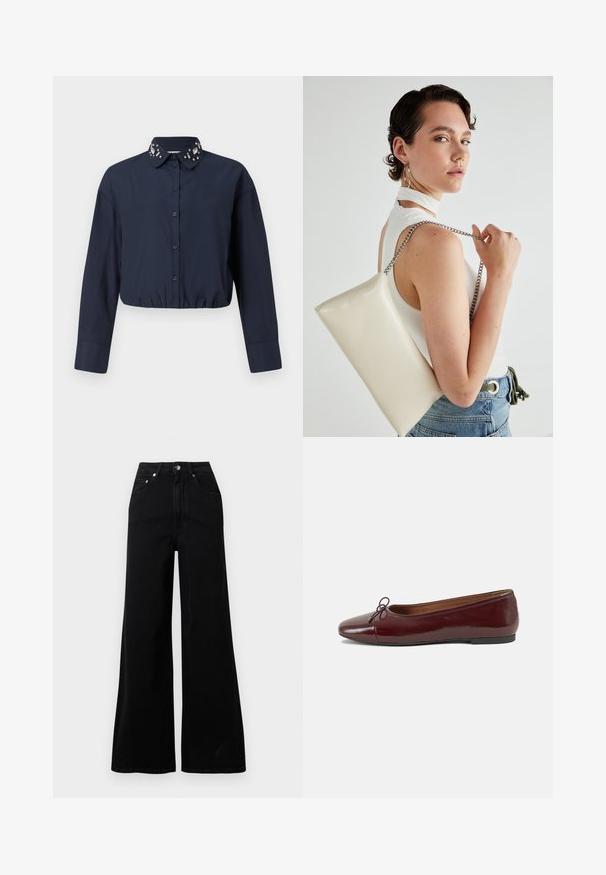 Camisa curta azul-marinho com colarinho abotoado, apresentando embellishments decorativos no colarinho. Mangas longas e bainha elástica.; Jeans pretos de ganga com perna larga, cintura alta, cinco bolsos, fecho frontal de botões e detalhes mínimos de costura.; Bailarinas em couro sintético borgonha com bico redondo, pequeno laço na frente e sola baixa em borracha preta. Textura suave.; Bolsa de mão retangular branca, feita de material brilhante, com uma alça em corrente prateada. Modelo posa, exibindo a bolsa contra um fundo simples.