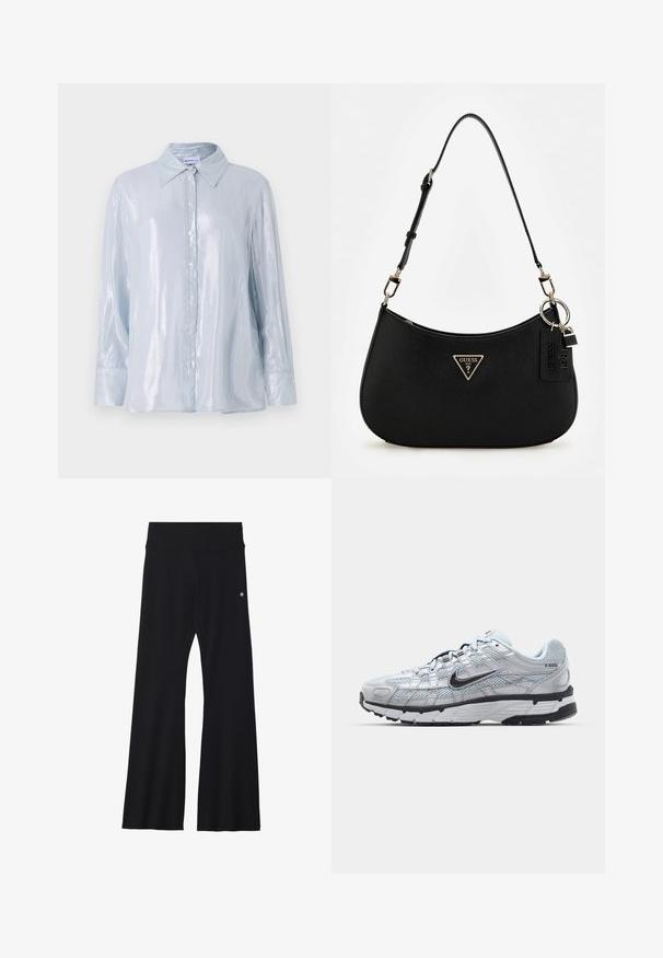 Camicia azzurro chiaro a maniche lunghe in un tessuto lucido con bottone frontale, colletto a punta e polsini arrotondati con dettagli bottonati.; Top tank bianco a costine con scollatura a barco e spalline larghe. Tessuto morbido e orli cuciti. Design semplice e aderente.; Pantaloni yoga neri a campana in tessuto elasticizzato, con una cintura ampia e un piccolo logo vicino all'anca. Texture liscia, senza motivi.; Sneakers Nike P-6000 con una toma superiore in mesh grigio chiaro, accenti neri e una resistente suola in gomma nera. Dotati di un design intricato e di un sistema di allacciatura.; Borsa a spalla nera in materiale sintetico con silhouette curvilinea, finitura testurizzata, logo triangolare dorato e dettagli in metallo removibili.