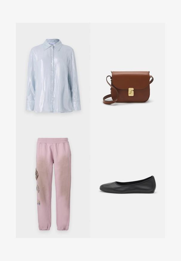 Világoskék, hosszú ujjú ing fényes anyagból, gombos elülső résszel, hegyes gallérral és gombos részletekkel ellátott kerek mandzsettával.; Fehér, rövid ujjú póló ribbed anyagból. Kerek nyakkivágás, normál szabás és diszkrét varrási részletek. Nincsenek minták vagy grafikák.; Rózsaszín melegítőnadrág elasztikus derékkal, bal oldalon gyémánt alakú dekoratív foltokkal és elasztikus szárakkal az bokákon.; Fekete bőr balettcipő lekerekített orral, sima tekstúrával, minimális varrással és rugalmas talp kialakítással.; Barna bőr kézitáska, hajtókás zárással, arany színű fém kiegészítőkkel, vállpánttal és sima felülettel. Kompakt téglalap alakú.