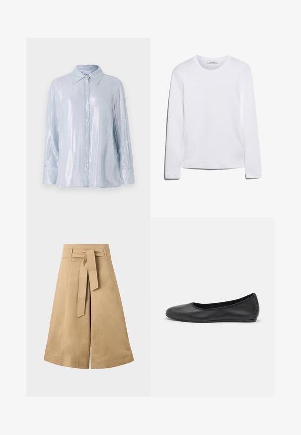 Lyseblå, langærmet skjorte i et glansfuldt stof med knappet front, spidse kraver og runde manchetter med knapdetaljer.; Langærmet hvid T-shirt lavet af ribbet bomuld, med rund halsudskæring og lige kant. Simpelt design uden mønstre eller accenter.; Khaki midi indpakningsskørt med bindebånd, lavet af letvægtsbomuld, med en udvidet silhuet og synlige syninger.; Sort læderballetsko med rund tå, glat tekstur, minimal syning og et fleksibelt såldesign.