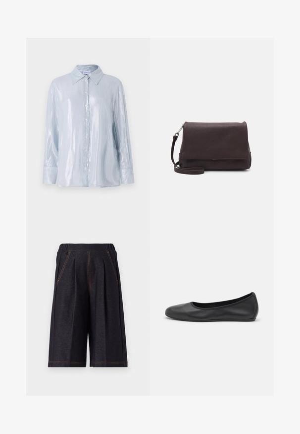 Lyseblå, langermet skjorte i et blankt stoff med knappestolpe foran, spiss krage og avrundede mansjetter med knappdetaljer.; Mørkegrå shorts laget av myk stoff, med folder og oransje sømdetaljer. Elastisk midje for komfort, knelengde design.; Svart skinnballettflatt med rund tå, glatt tekstur, minimal sømdetalj, og et fleksibelt såledesign.; Tiger of Sweden LIMBIATE UNISEX - Skulderveske - pure decadence