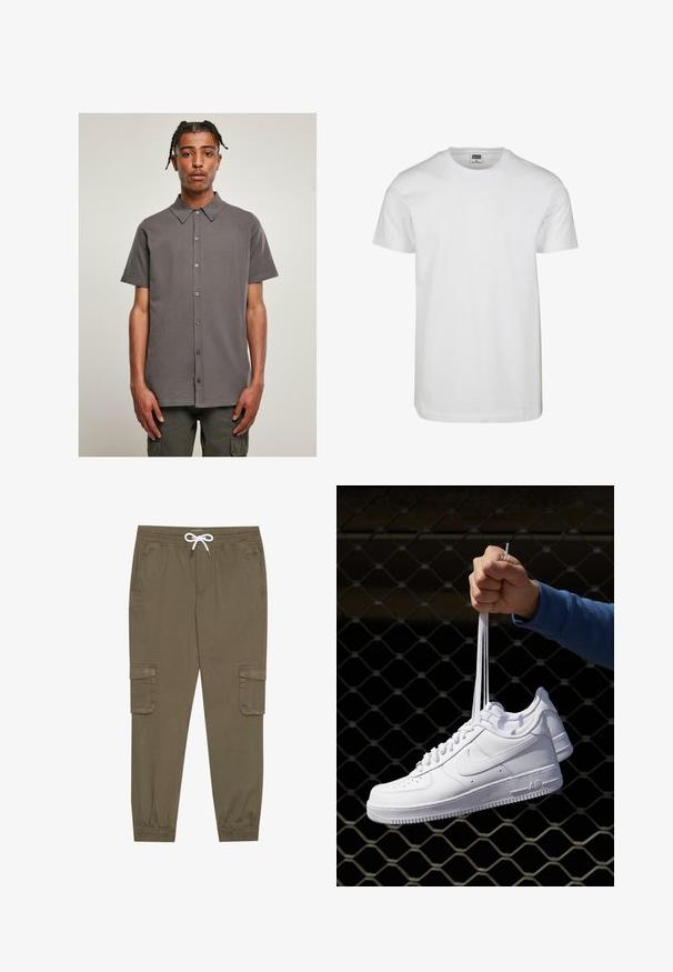 Grijze shirt met korte mouwen, kraag en knopen aan de voorkant, met een gladde textuur. Eenvoudig, effen ontwerp zonder patronen of accenten.; Witte katoen t-shirt met ronde hals, korte mouwen en een relaxte pasvorm. Etiket zegt "URBAN CLASSICS." Glad textuur, zonder patronen of accenten.; Khaki cargobroek met een elastische tailleband en trekkoord, voorzien van zijzakken en afgeknipte enkels. Gemaakt van een gestructureerd, lichtgewicht materiaal.; Witte leren sneakers met perforaties, ronde neus, vlakke zool en dikke veters, met een zichtbare swoosh-logo en "AIR" op de hiel.