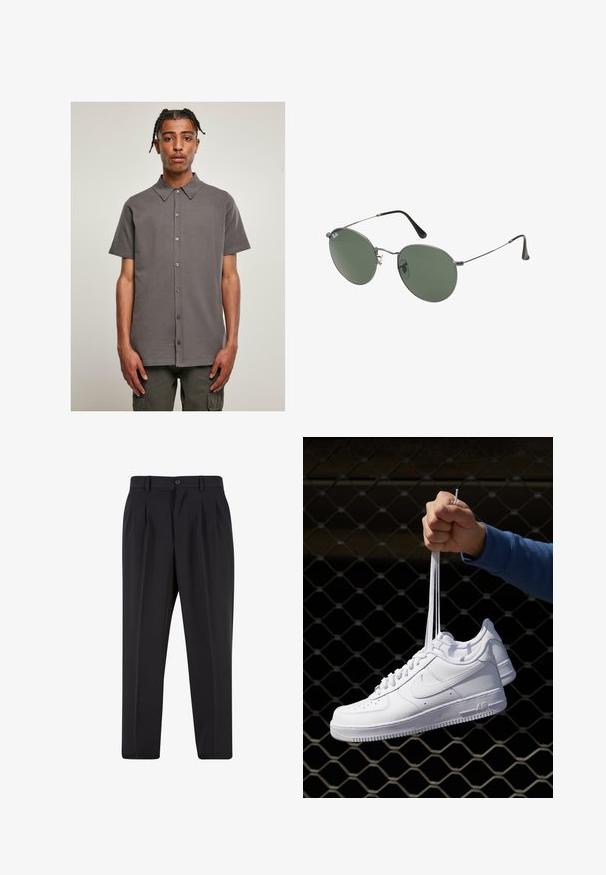 Harmaa lyhythihainen paita, jossa on kauluspääntie, nappilista edessä ja sileä pinta. Yksinkertainen, yhtenäinen muotoilu ilman kuvioita tai yksityiskohtia.; Valkoinen lyhythihainen t-paita, joka on valmistettu puuvillasta, ominaisuutenaan pyöreä pääntie ja rento istuvuus. Sileä pinta, ilman näkyviä kuvioita tai yksityiskohtia.; Mustat housut, joissa on laskostettu etuosa, valmistettu sileästä kankaasta. Varustettu nappikiinnityksellä ja vyölenkeillä; suora lahje.; Valkoiset nahkasneakersit, joissa on rei'ityksiä, pyöreä kärki, tasapohja ja paksut nauhat, joissa on näkyvä swoosh-logo ja "AIR" kantapäässä.; Aurinkolasit metallikehyksillä, joissa on soikeat vihreät linssit. Ohut hopeinen metallikehys ja mustat korvapehmusteet. Minimalistinen muotoilu, ei näkyviä logoja.