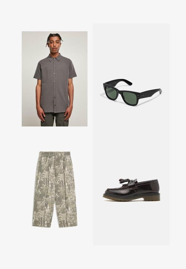 Šedá košile s krátkým rukávem, límečkovým výstřihem, zapínáním na knoflíky a hladkou texturou. Jednoduchý, jednobarevný design bez vzorů nebo akcentů.; Kargo kalhoty s širokými nohavicemi v zeleném a béžovém maskáčovém vzoru s listy a kůrou, se zapínacími kapsami a poutky na pás.; Hnědé kožené mokasíny s tkaným vzorem, detaily v podobě třásní a plochou gumovou podrážkou. Mají hladký povrch a kontrastní švy.; Černé obdélníkové sluneční brýle se zelenými skly, matným povrchem, nenápadnými kovovými akcenty a Embosovaným logem na stranicích.; Olivově zelená taška přes rameno s dvojitými uchy a nastavitelným ramenním popruhem. Obsahuje hlavní zipovou přihrádku a přední zipovou kapsu.