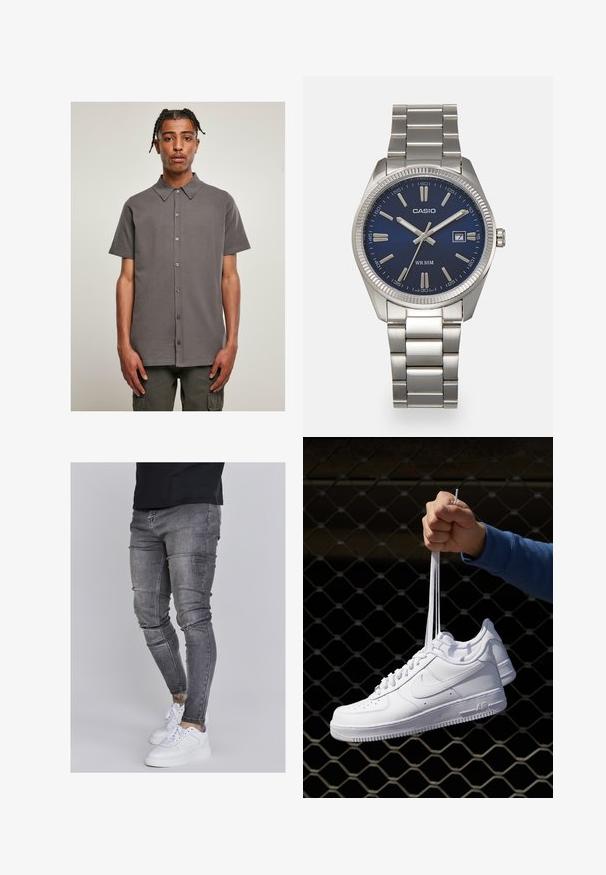 Kurzärmliges graues Hemd mit kragenförmigem Ausschnitt, Knopfleiste und glatter Textur. Einfaches, einfarbiges Design ohne Muster oder Akzente.; Schlanke Jeans aus ausgebleichtem grauem Denim, mit abgenutzten Details an den Knien, kombiniert mit weißen Sneakers. Glatte Textur, schlanker Schnitt.; Weiße Leder-Sneaker mit Perforationen, runder Zehenpartie, flacher Sohle und dicken Schnürsenkeln, mit sichtbar eingesticktem Swoosh-Logo und "AIR" an der Ferse.; Silberner Armbanduhr aus Edelstahl mit einem dunkelblauen Zifferblatt, metallischen Stundenmarkierungen und einem Datumsfenster bei 3 Uhr. Wasserdicht bis 50 Meter.