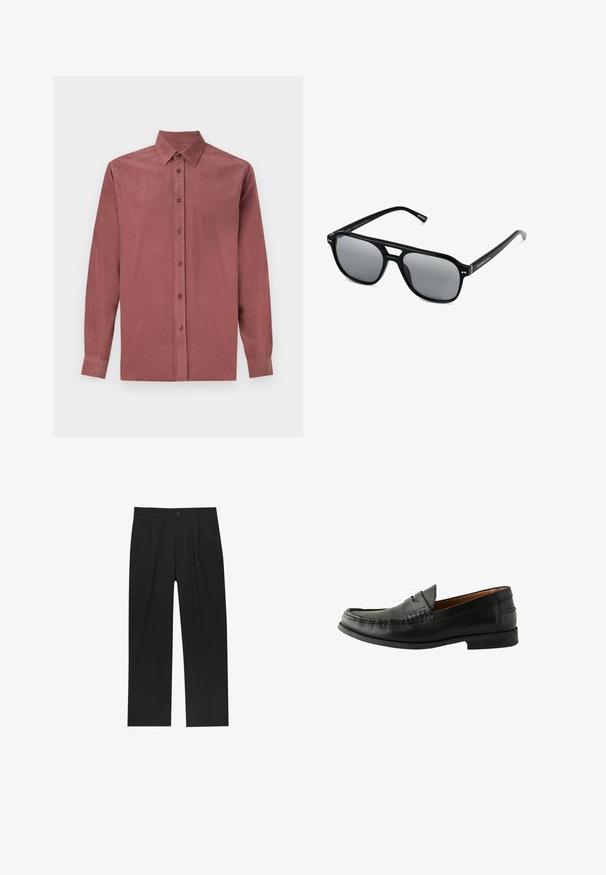 Langærmet skjorte i mørk rosa stof, med knaplukning foran, klassisk krave og ribbet tekstur.; Hvide bomulds tanktoppe, ærmeløs design, rund hals, ensartet tekstur, med et blødt, let stof. To stykker vist.; Sorte bukser med lige ben, lavet af et glat stof. Har frontfolder og en enkelt knaplukning i taljen.; Sorte læder loafers med en glat overflade, rund tå, håndsyede detaljer og en lav gummisål. Klassisk og alsidigt design.; Sorte solbriller med rektangulære rammer, gråt tonede linser og en broudskæring design. Slankt, glat plastmateriale med smalle stænger.