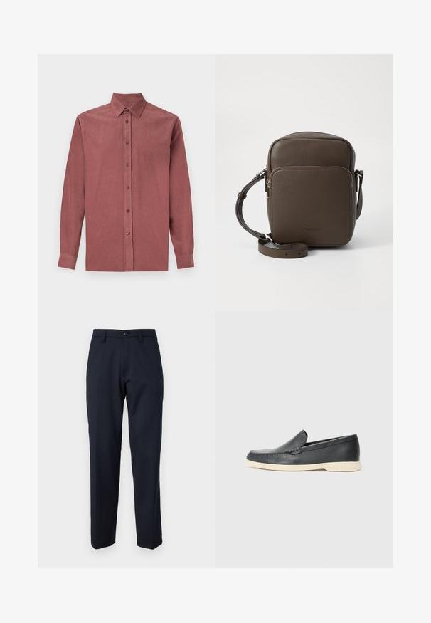 Cămașă cu mâneci lungi dintr-un material de culoare roz închis, având un guler clasic, închidere cu nasturi și textură ciuruită.; Pantaloni bleumarin dintr-un material neted, cu un buton în față, design drept și buzunare laterale. Fără modele sau detalii vizibile.; Pantofi loafers din piele neagră, cu un finisaj texturat și o talpă din cauciuc bej contrastantă. Au un accent subtil pe partea din față.; Geantă de umăr din piele maro, cu o suprafață texturată, formă rectangulară, buzunar frontal cu fermoar și curea ajustabilă. Logo-ul este afișat pe față.