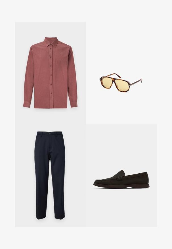 Langarmshirt van donkerroze stof, met een knoopsluiting aan de voorkant, klassieke kraag en geribbelde textuur.; Marineblauwe broek van gladde stof, met een knoop aan de voorkant, recht model en zijzakken. Geen patronen of versieringen zichtbaar.; Donkerbruin suède instaploafers met een gestikte neus, een lage rubberen zool en textuuraccenten op de bovenzijde.; Zonnebril met een schildpadprint acetaat frame, gele getinte lenzen, vierkante vorm en metalen accenten op de pootjes.