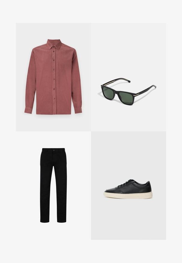 Hosszú ujjú ing sötét rózsaszín anyagból, gombos előoldallal, klasszikus gallérral és bordázott textúrával.; Fekete pamut nadrág egyenes szabással, gombos záródással, övhurkokkal és minimalista dizájnnal. Simás textúra, mintázat nélkül.; Fekete, alacsony szárú bőrsneaker fekete fűzőkkel és törtfehér talppal, oldalnézetben, fehér háttér előtt.; BOSS Napszemüvegek - black