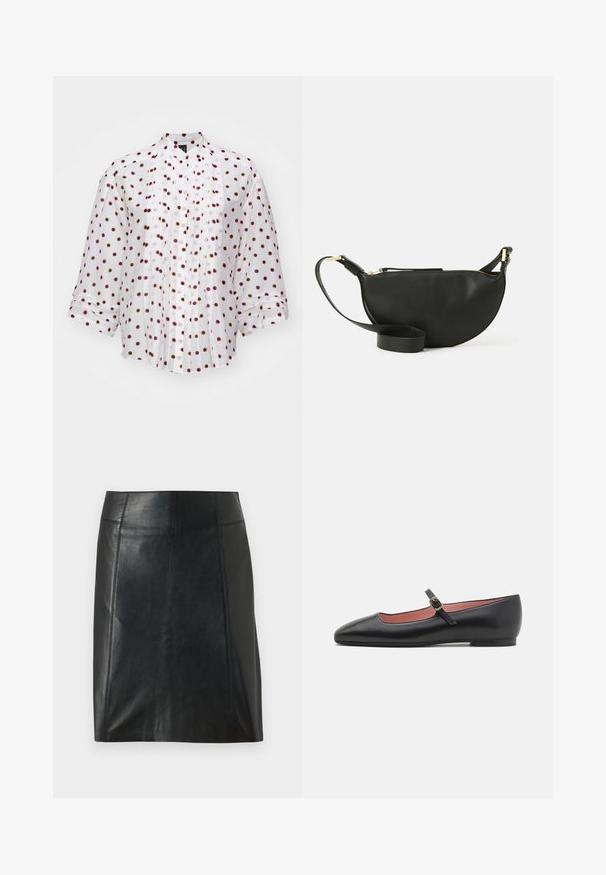 Marc Cain Skjortebluse - white; Svart lærskjørt med en tettsittende design. Jevn tekstur, sømmer som fremhever formen, og en rett kant. Minimalistisk og elegant utseende.; Svarte lær flate sko med spiss tå og ankelrem med en gullspenne. Glatt tekstur med en lett glans.; Svart skinn crossover-veske med halvmåneform, teksturert overflate, gullglidelås og flat stropp. Kompakt design som passer til det viktigste.