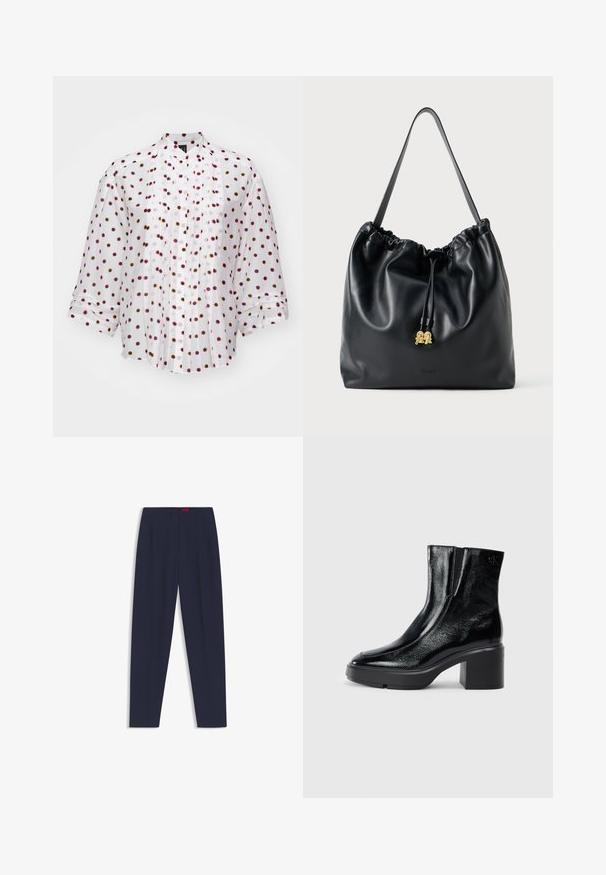 Marc Cain Chemisier - white; Pantalons taillés bleu marine avec une texture lisse, dotés de plis avant et de poches latérales. Design à jambe droite sans embellissements visibles.; Bottines en cuir verni noir avec un bout arrondi, des panneaux latéraux en élastique et un talon épais. Comprend un logo embossé à l'arrière.; Sac en cuir noir avec cordon de serrage, texture lisse, partie supérieure froncée et matériel doré discret. Dispose d'une seule sangle robuste et d'un logo embossé.
