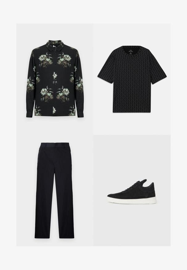 Zwart overhemd met lange mouwen en knopen, met groene en beige bloemenpatronen gelijkmatig verdeeld over de voorkant, mouwen en kraag.; Zwarte T-shirt met een gestructureerd patroon van afwisselende 'A' logo's, korte mouwen en een ronde hals. Gemaakt van lichte stof.; Zwarte broek van een lichtgewicht, gestructureerde stof, met een recht model, elastische Tailleband en zijzakken met rits.; Zwarte suède sneakers met een witte rubberen zool, voorzien van tonale stiksels en een vetersluiting. Glad oppervlak met een moderne, gestroomlijnde vorm.