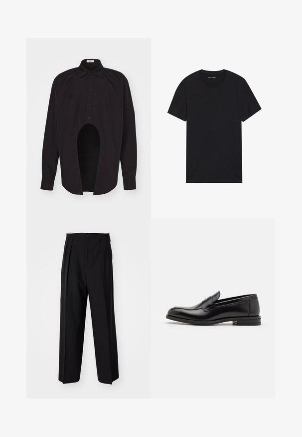 GmbH GEIR MIX - Camicia - black; T-shirt nera in cotone con maniche corte e scollatura rotonda. Il tessuto ha una consistenza liscia e un design semplice, tinta unita.; Pantaloni neri a pieghe con un design dritto e gamba larga. Realizzati in tessuto morbido, con chiusura a bottone e passanti per cintura.; Mocassini neri in pelle con una texture liscia, punta arrotondata e una striscia decorativa sulla tomaia. Tacco basso impilato, design minimalista.