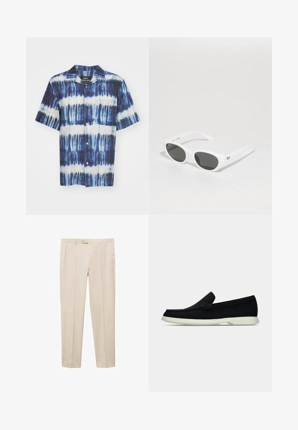 Koszula z krótkim rękawem w niebiesko-białym wzorze tie-dye, wykonana z tkaniny o gładkiej teksturze i z jedną kieszonką na piersi.; Beżowe spodnie o prostym kroju, z jedynym guzikiem w pasie, dwiema bocznymi kieszeniami i płaskim przodem.; Czarny pantofel wsuwany z okrągłym noskiem, charakteryzujący się teksturowanym wierzchem, gładką białą podeszwą oraz subtelnym detalem z logo po boku.; Białe okulary przeciwsłoneczne z zaokrąglonymi oprawkami i ciemnymi soczewkami. Wyróżniają się gładką plastikową teksturą i małym logo na zausznicy.