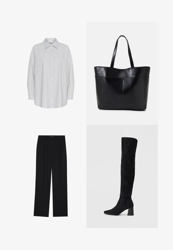 Balta marškiniai su plonomis vertikaliomis tamsiai mėlynomis juostelėmis, ilgomis rankovėmis ir smailiu apykakle. Pasižymi laisvu siluetu ir neturi matomų raštų.; Juodos kelnes su tiesiomis sijonais, turinčios dvi priekinės kišenės ir juosmenį. Pagamintos iš lygios, lengvos medžiagos.; Juoda zomšinė kelio ilgio batai su blokuotu kulnu, smailiu nosiu ir lygiu, be siūlių dizainu ant paprastos šviesios fono.; Juoda odinė rankinė su dviem ilgais diržais, lygiu paviršiumi ir struktūrizuota forma. Yra priekinė kišenė papildomam saugojimui.