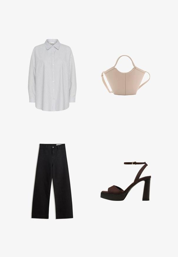 Bijela košulja na gumbe sa tankim vertikalnim tamnoplavim prugama, dugim rukavima i oštrim kragnom. Ima opušteni kroj i bez vidljivih uzoraka.; Crne široke traperice s visokim strukom, s prednjim i stražnjim džepovima, šivenim šavovima i kopčanjem na gumb. Glatka tekstura.; Smeđe zamšaste sandale s visokim potpeticama, otvorenim prstima, podesivom trakicom oko gležnja i prugastom platformom.; Bež kožna torba jedinstvenog oblika, s dva kratka ručka i dugom podesivom trakom. Glatka tekstura s minimalnim metalnim dodacima.