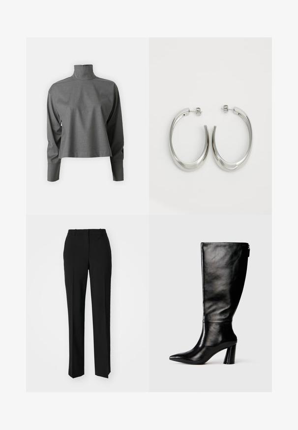 Grau geschnittenes Turtleneck-Shirt aus strukturiertem Stoff, mit langen Ärmeln und einem hohen Kragen sowie einem dezenten Reißverschluss auf der Rückseite.; Schwarze, taillierte Hose mit geradem Bein, aus einem glatten Stoff und mit klaren Falten an der Vorderseite. Keine sichtbare Hardware.; Knöchelhohe schwarze Lederstiefel mit einer spitzen Zehe, glatter Oberfläche und einem klobigen Absatz. Verfügt über einen Reißverschluss hinten.; Silberne Creolen mit einem glatten, geschwungenen Design. Mit einem glänzenden metallischen Finish und Steckverschluss. Keine sichtbaren Muster oder Akzente.