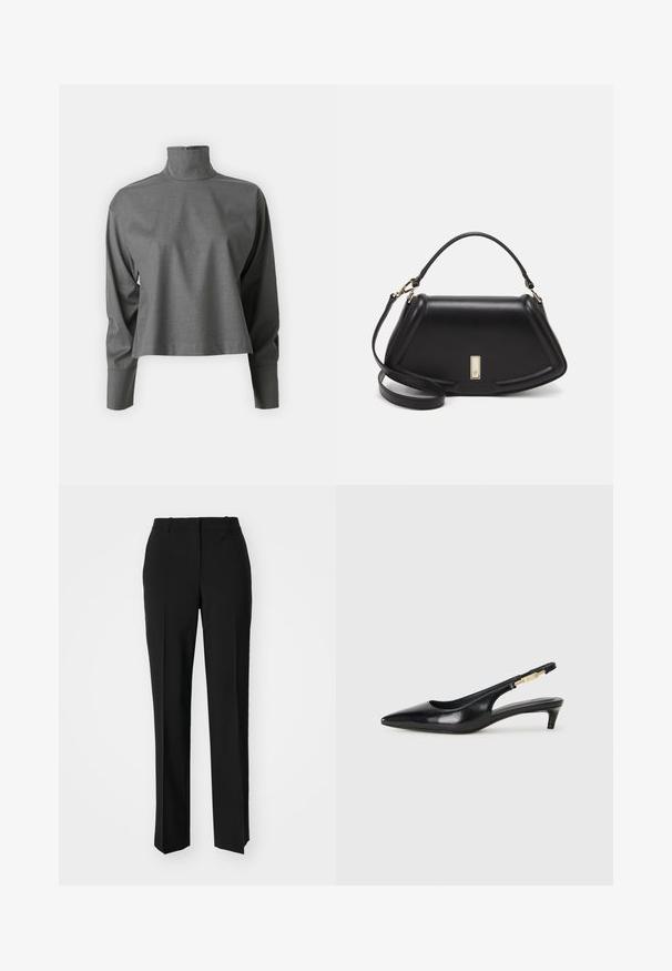Gray cropped turtleneck shirt made of textured fabric, featuring long sleeves and a high collar with a discreet back zipper.; Black tailored trousers with a straight-leg design, featuring a smooth texture and crisp creases along the front. No visible hardware.; Black leather slingback heels with a pointed toe, featuring a slim heel and a gold-tone accent on the adjustable strap. Smooth texture.; Black leather handbag with a structured design, featuring a cropped shape, top handle, and gold hardware accent. Adjustable shoulder strap included.