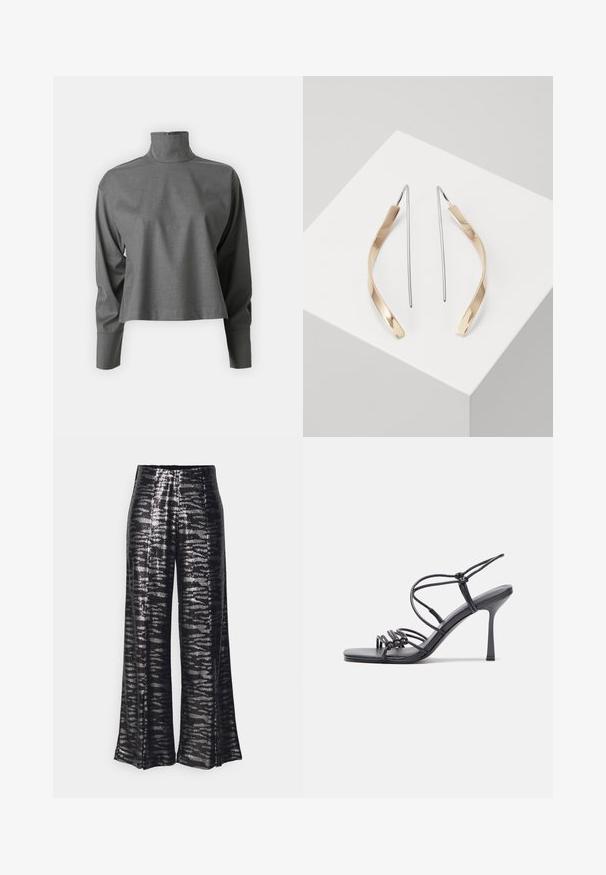Pilkas trumpas turtleneck marškinėlis, pagamintas iš tekstūruoto audinio, su ilgomis rankovėmis ir aukšta apykakle su nepastebimu užtrauktuku nugaroje.; Juodos plačios kelnės su blizgiu sequin tekstūra ir banguota raštu. Aukšto liemens dizainas, laisvas siluetas ir glotnus paviršius.; Juodos aukštakulnės sandalai pasižymi plonyčiais dirželiais su mazgo dizainu, lygiu kvadratiniu pirštu ir elegantišku stiletto kulnu.; Auksiniai ir sidabriniai kabantys auskarai su išlenkta, pailga forma. Blizgus paviršius su lygiu tekstūra ir minimalistinis dizainas.