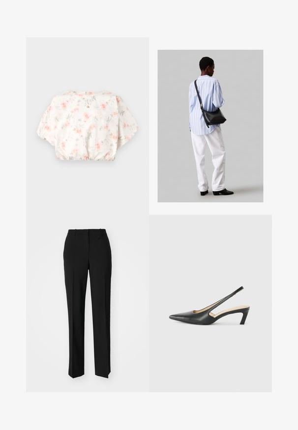 Blumenbluse mit weißem Hintergrund, die pastellrosa und graue Blumenmuster zeigt, mit Puffärmeln und einem gerafften Saum. Schlüsselverschluss im Rücken.; Schwarze, taillierte Hose mit geradem Bein, aus einem glatten Stoff und mit klaren Falten an der Vorderseite. Keine sichtbare Hardware.; Schwarzer spitz zulaufender Slingback-Schuh mit niedrigem Absatz, der aus glattem Leder gefertigt ist und seitliche Ausschnitte für Atmungsaktivität aufweist.; Schwarze Leder-Umhängetasche mit weicher Textur, dreieckiger Form und verstellbarem Tragegurt, kombiniert mit einem hellblauen gestreiften Hemd und weißen Hosen.