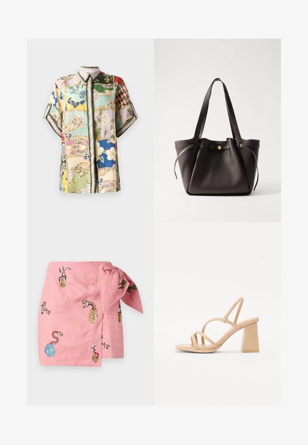 Trumpas rankovėmis mygtukų užsegimas marškiniai su įvairių spalvų, gėlių ir geometrinių raštų siuvinėjimais bei apykakle.; Rožinis lino apsiaustas su išsiuvinėtomis gyvačių ir vazų dekoracijomis. Yra mazgo detalė ir dekoratyviniai žvaigždžių raštai visame paviršiuje.; Nude spalvos aukštakulniai sandauliai su kvadratiniu bloku, plonomis juostelėmis ir lygiu, blizgiu paviršiumi. Paprastas dizainas su juostelių viršumi.; Tamsiai ruda odinė rankinė su dviem tvirtais rankenomis, susitraukiančiu viršumi ir auksinės spalvos mygtuko uždarymu. Tekstūruotas paviršius su minimaliais akcentais.