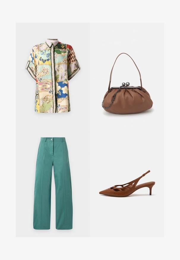 Kurzärmeliges Hemd mit Knopfleiste, das ein Patchwork-Design mit mehreren Farben, floralen und geometrischen Mustern sowie einem Kragen aufweist.; Weite Hosen aus einem weichen Teal-Stoff, mit einer vorderen Knopfverschlüsse, scharfen Falten und glatter Textur. Maßgeschneiderter Schnitt mit minimalen Akzenten.; Braune Leder-Slingback-Peeptoe mit spitz zulaufender Zehenpartie, Ausschnitt-Design und genähten Details. Verfügt über einen schlanken Absatz und einen verstellbaren Riemen.; Braune Leder-Handtasche mit gerafftem Design, einem kurzen Ledergriff und einem Kettenriemen. Sie verfügt über einen silbernen Metallverschluss mit zwei runden Akzenten.
