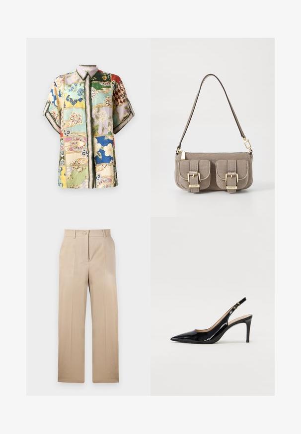 Kratek rokav, srajca na gumb s patchwork dizajnom, ki vključuje več barv, cvetlične in geometrijske vzorce ter ovratnikom.; Bež hlače s ravnim krojem, narejene iz gladkega blaga. Imajo en gumb na zapiranju in dve sprednji gubi. Standardno oblikovani pas.; Črne lakirane slingback čevlje z izostrenim nosom, ozkim peto in subtilnim izrezom. Na traku je zlata sponka.; Bežna teksturirana torba z nastavljivim trakom, z dvema sprednjima žepoma, zaklenjenima s sponkami, ter z zlatimi kovinskimi dodatki. Zadrga na vrhu.