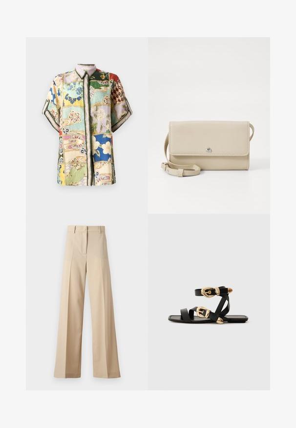Short-sleeve button-up shirt featuring a patchwork design with multiple colors, floral and geometric patterns, and a collared neckline.; Beige wide-leg trousers made of smooth fabric, featuring a flat front with pleats, a zip fly, and belt loops. Tailored fit overall.; Black leather sandals with gold buckle accents, featuring multiple straps and a flat sole design for open-toe wear.; Beige leather shoulder bag with a flap closure, silver hardware, and a detachable strap. Smooth texture and simple rectangular shape.