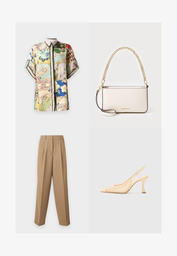 Short-sleeve button-up shirt featuring a patchwork design with multiple colors, floral and geometric patterns, and a collared neckline.; Beige tailored trousers with a high waist, pleated front, and wide-leg cut. The fabric appears smooth with a slight sheen.; Slingback high heel shoe in light beige mesh with a pointed toe and a slim, curved heel, featuring a minimalistic buckle accent.; White leather handbag with a textured finish, featuring a gold chain strap and a detachable shoulder strap. Logo embossed at the front.
