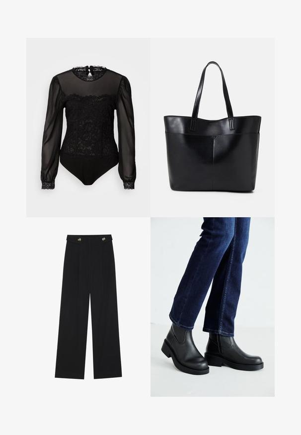 Body nero con maniche lunghe trasparenti. Presenta un rivestimento in pizzo nella parte superiore anteriore e un colletto alto con chiusura a occhiello sul retro.; Pantaloni neri a gamba larga con vita alta, dettagli con bottoni in vita e pieghe frontali.; Stivali neri in pelle alla caviglia con suola spessa e pannelli elastici laterali, abbinati a jeans blu scuro. Il terreno è di colore chiaro.; Borsa a tracolla in pelle nera con due manici lunghi, una texture liscia e una forma strutturata. Presenta una tasca frontale per ulteriore spazio di archiviazione.