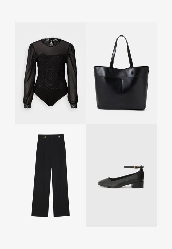Black bodysuit with sheer long sleeves. Features lace overlay at the upper front and a high neckline with a keyhole back closure.; Black wide-leg trousers with high waist, button details on waistband, and front pleats.; Black leather pump with a pointed toe and a low block heel. Features an ankle strap with a gold-tone buckle. Smooth texture.; Black leather tote bag with two long handles, a smooth texture, and a structured shape. Features a front pocket for additional storage.