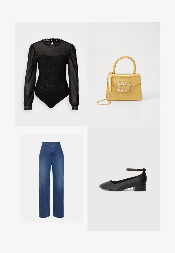 Sort bodysuit med gennemsigtige lange ærmer. Har blonder overlay på den øverste front og en høj halsudskæring med en nøglehulslukning i ryggen.; Højtaljede denimjeans i mellemblå. Har frontknapdetaljer og bred benlængde. Stoffet har en glat tekstur med let falmning.; Sorte læderpumper med spids tå og en lav blokhæl. Har en ankelrem med en guldfarvet spænde. Glat tekstur.; Gul faux-krokodille skuldertaske med struktureret design, top-håndtag, aftagelig kædetraske og dekorativ krystaldekoration på låsen.