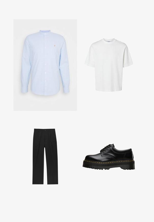Jasnoniebieska koszula z długim rękawem, z kołnierzykiem na band, z guzikami z przodu i małym żółtym logo na piersi. Materiał bawełniany, gładka faktura.; Biała bawełniana koszulka z krótkim rękawem, okrągłym dekoltem i luźnym krojem. Gładka struktura bez widocznych wzorów czy akcentów.; Czarne spodnie o prostym kroju, wykonane z gładkiego materiału. Posiadają zakładki z przodu i pojedyncze zapięcie na guziki w pasie.; Czarne skórzane buty sznurowane z grubą, ząbkowaną czarną gumową podeszwą i żółtym przeszyciem wzdłuż krawędzi, charakteryzujące się gładkim wykończeniem.