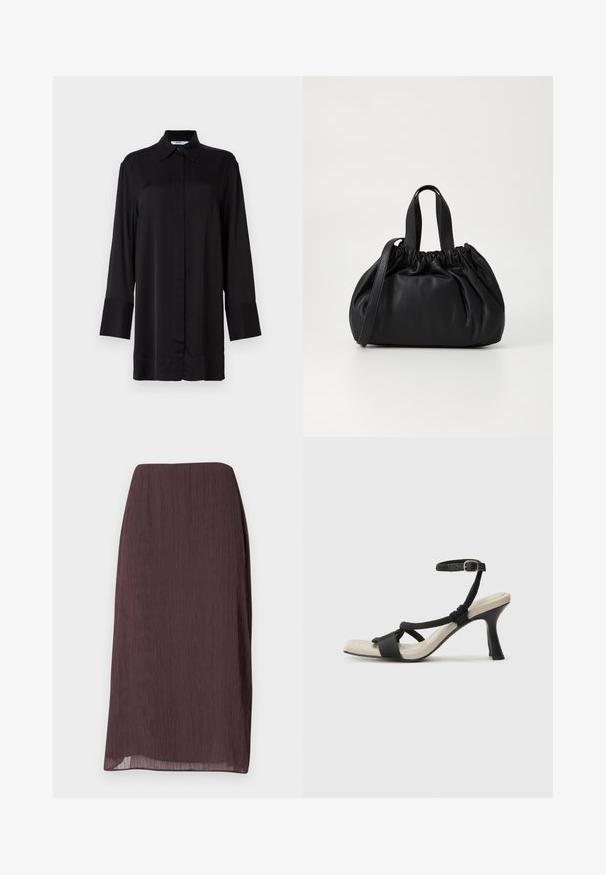 Sort langærmet skjorte lavet af glat stof, med en klassisk krave, frontknapper og let udvidede manchetter.; Mørkebrune, knælange nederdel lavet af letvægts, krøllet stof. Har en lige pasform med en subtil glans og ingen synlig hardware.; Sorte hælede sandal med flettet remdesign, firkantet tå og justerbar ankelrem. Lys beige fodseng med en blank sort hæl.; Sort læderhåndtaske med en samlet topdesign, der har to korte håndtag og en lang justerbar rem. Glat overflade, rund form.