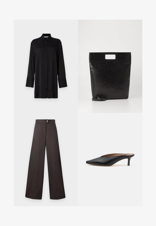 Schwarzes Langarmhemd aus glattem Stoff, mit klassischem Kragen, Knopfleiste auf der Vorderseite und leicht ausgestellten Bündchen.; Helles beiges ärmelloses Top aus geripptem Stoff, mit einem runden Ausschnitt und figurbetontem Design. Glatte Textur mit minimalen Nähten.; Schwarze weite Hosen mit glatter Textur, ausgestattet mit einem Frontknopfverschluss und einem klaren, schlichten Design. Keine Muster oder Akzente sichtbar.; Schwarze Leder-Mules mit spitzem Zehenbereich und niedrigem Blockabsatz. Glatte Textur mit elegantem Design. Offene Rückseite mit minimaler Gestaltung.; Schwarze Leder-Tote-Tasche mit einem quadratischen Griff, ausgestattet mit einer strukturierten Oberfläche und geprägtem Logo. Inklusive abnehmbarem Tragegurt.