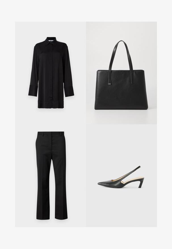 Black long-sleeve shirt made from smooth fabric, featuring a classic collar, front buttons, and slightly flared cuffs.; Black tailored trousers with a straight leg design. Made of a smooth fabric, featuring a flat front and standard waistband with belt loops.; Black pointy-toed slingback shoe with a low heel, featuring smooth leather material and cut-out design on the side for breathability.; Black leather tote bag with two long handles, rectangular shape, textured surface, and minimalistic design. No visible hardware or accents.