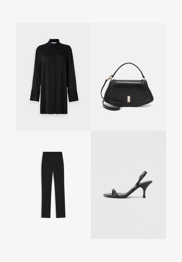 Black long-sleeve shirt made from smooth fabric, featuring a classic collar, front buttons, and slightly flared cuffs.; Black tailored trousers with a straight-leg design, featuring front pockets and a smooth, textured fabric. Neat, minimal detailing.; Black leather high-heeled sandals with a slim, curved heel and a crossed strap design. Adjustable ankle strap. Smooth texture.; Black leather handbag with a structured design, featuring a cropped shape, top handle, and gold hardware accent. Adjustable shoulder strap included.