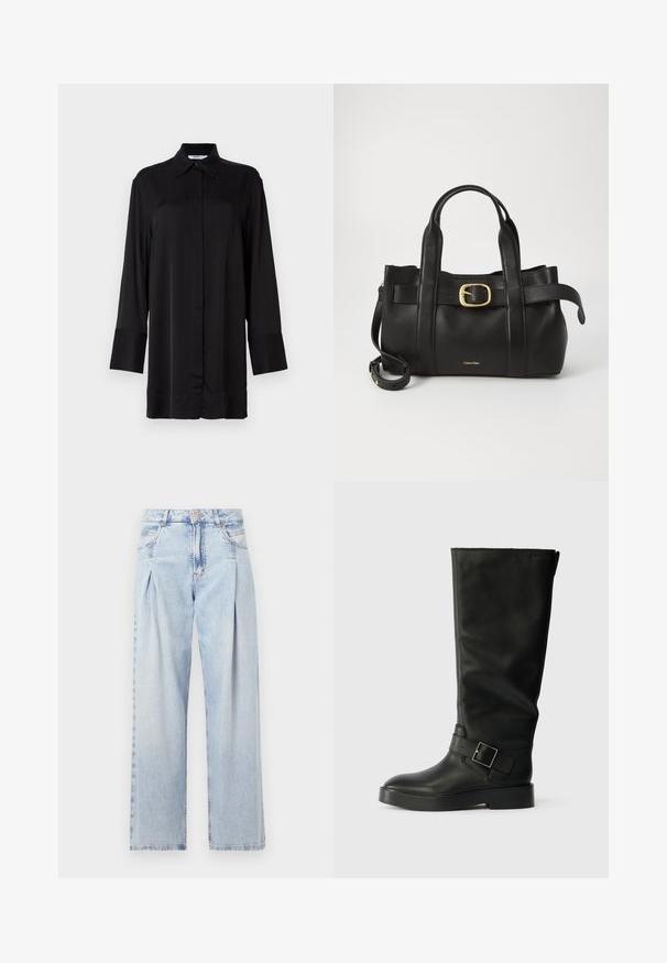 Cămașă neagră cu mâneci lungi, fabricată dintr-un material fin, având un guler clasic, butoane frontale și mansete ușor evazate.; Jeans din denim albastru deschis cu talie înaltă, croială evazată, două buzunare laterale și un design pliat. Textură moale cu un finisaj decolorat.; Cizme negre până la genunchi, din piele netedă, cu vârf rotund, talpă groasă și o curea orizontală cu detaliu de cataramă rectangulară.; Geantă de mână din piele neagră, cu un design structurat, mânere superioare duale, accent cu cataramă aurie și logo-ul brandului embosat în față.