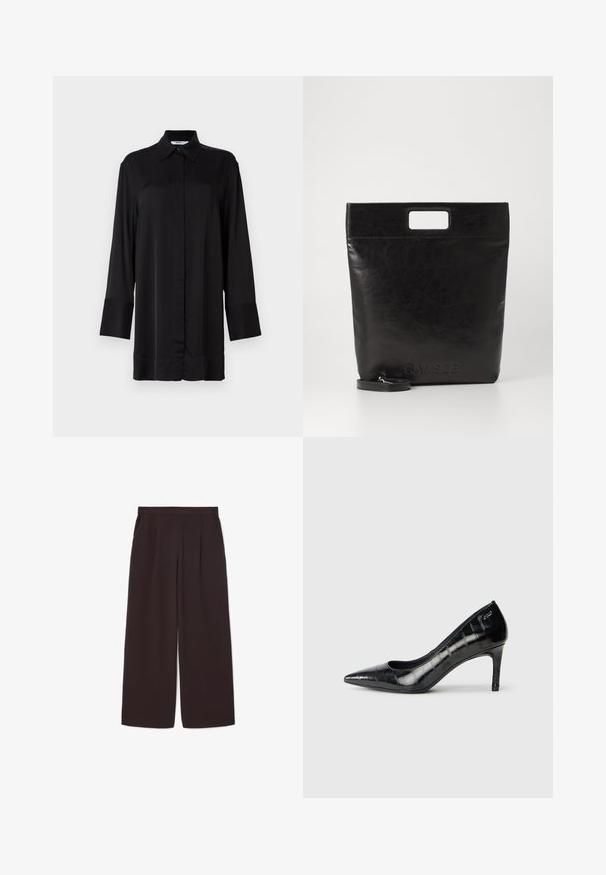 Črna dolga majica z dolgimi rokavi, izdelana iz gladkega materiala, z osnovnim ovratnikom, sprednjimi gumbi in rahlo razširjenimi manšetami.; Temno rjave široke hlače iz lahkega materiala, z visokim pasom, naborki in dvema stranskima žepoma, ter elastičnim pasom.; Črne visoke pete s koničastim prstom, ki imajo sijoč zaključek in subtilen teksturiran vzorec. Imajo zmeren peti in odprt vratni dizajn.; Črna usnjena torba s kvadratnim ročajem, ki ima teksturirano obdelavo in vtisnjen logotip. Vključuje odstranljiv trak.