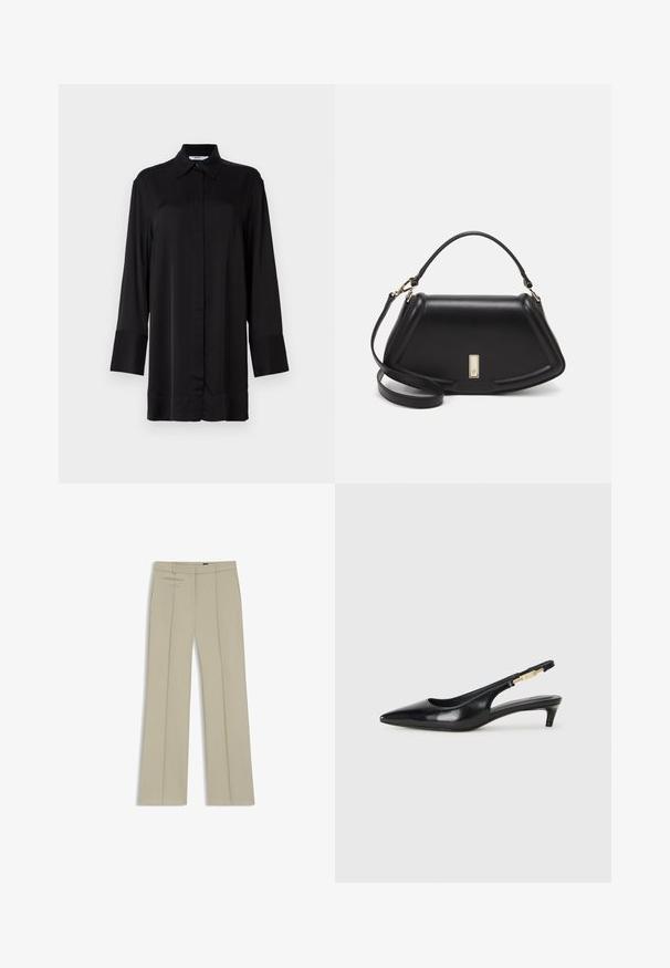 Svart långärmad skjorta tillverkad av ett jämnt tyg, med klassisk krage, framknappar och något utställda manschetter.; Beige skräddarsydda byxor med vida ben, framfickor, två horisontella sidofickor och ett slätt, något texturerat tyg.; Svart läder slingback-hälar med spetsig tå, med en smal klack och en guldtonad detalj på den justerbara remmen. Slät textur.; Svart läderhandväska med en strukturerad design, som har en avskuren form, ett handtag upptill och guldiga detaljer. Justerbar axelrem ingår.