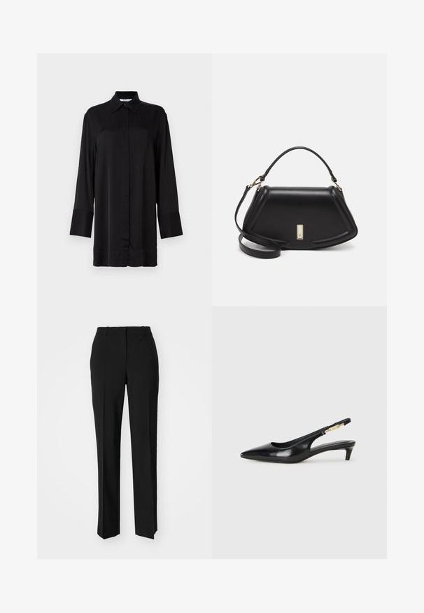 Camisa negra de manga larga hecha de una tela suave, con un cuello clásico, botones frontales y puños ligeramente acampanados.; Pantalones negros ajustados con un diseño de pierna recta, que presentan una textura suave y pliegues nítidos en el frente. Sin herrajes visibles.; Tacones negros de piel sintética tipo slingback con punta afilada, que cuentan con un tacón delgado y un detalle en tono dorado en la correa ajustable. Textura suave.; Bolso de mano de cuero negro con un diseño estructurado, que presenta una forma recortada, asa superior y acentos en dorado. Correa de hombro ajustable incluida.