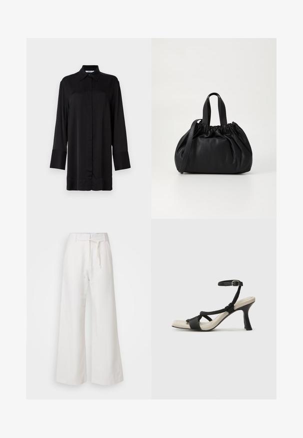 Fekete, hosszú ujjú ing, sima anyagból készült, klasszikus gallérral, elől gombokkal és enyhén bővülő mandzsettákkal.; DAY Birger et Mikkelsen TERRI SOLID - Nadrágok - cloud cream; Fekete sarkú szandál fonott pánttal, négyzet alakú orral és állítható bokapánttal. Világos bézs talpbetét fényes fekete sarkával.; Fekete bőr kézitáska, összegyűrt felső dizájnnal, két rövid fülekkel és egy hosszú, állítható pánttal. Simább textúra, lekerekített forma.