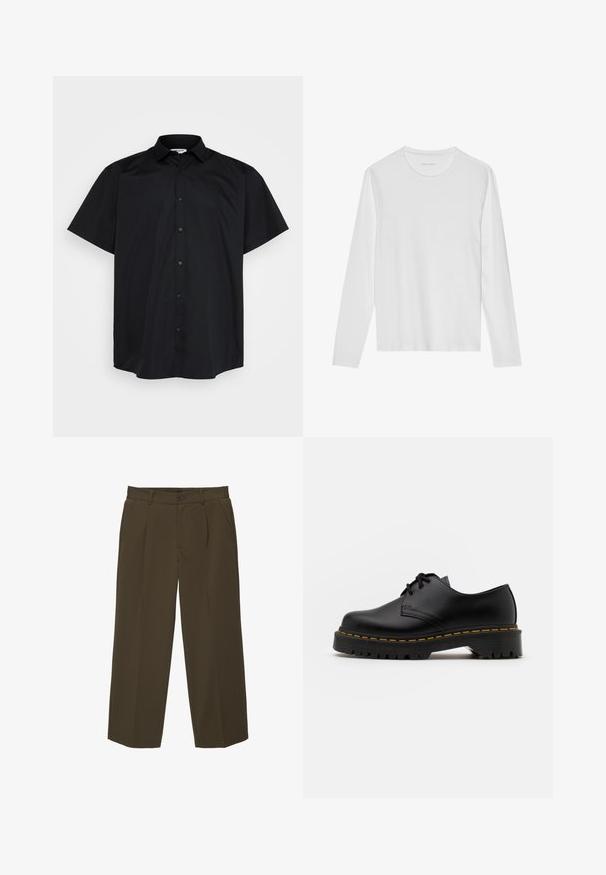 Zwarte shirt met korte mouwen, ontwerp met knopen, gemaakt van een gladde stof, heeft een klassieke kraag en is gesneden voor een losse pasvorm.; Langdurige witte T-shirt met lange mouwen, gemaakt van zachte stof, met een ronde halslijn en een eenvoudig ontwerp zonder zichtbare patronen of accenten.; Bruine, losse vouwbroek gemaakt van zachte stof met een vlakke voorkant, zijzakken en een knoopsluiting in de taille. Eenvoudig ontwerp zonder patronen.; Zwarte leren veterschoen met een ronde neus, getextureerde rubberen zool en gele stiksels rond de basis. Plat ontwerp en een gladde afwerking.