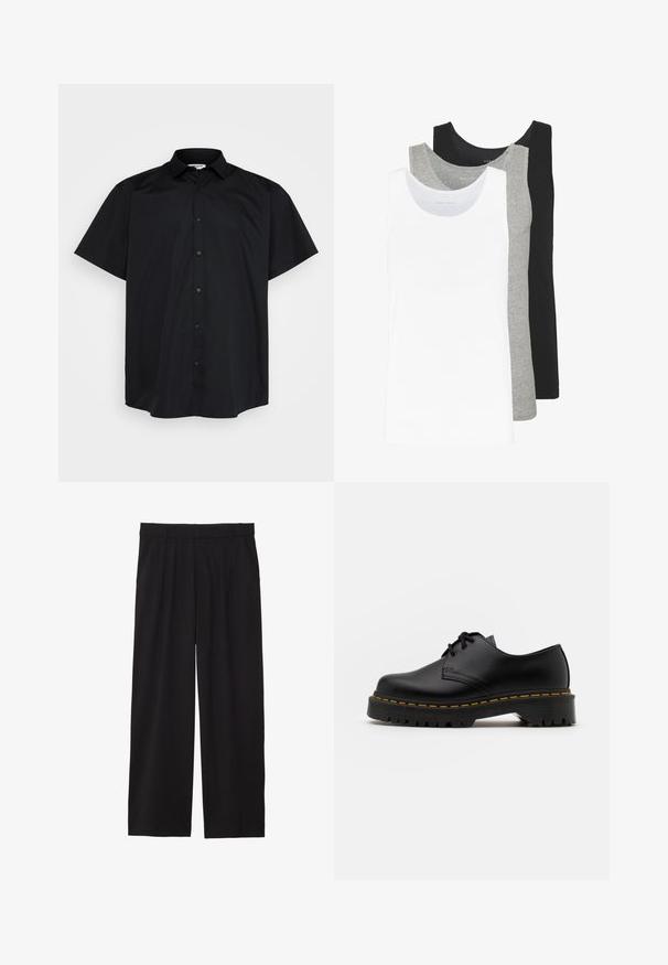 Fekete rövid ujjú ing, gombos kivitel, sima anyagból készült, klasszikus gallérral rendelkezik és laza fazonra szabott.; Három ujjatlan póló fehér, szürke és fekete színben. Mindegyik klasszikus ujjatlan dizájnnal készült, könnyű pamut anyagból, bordázott textúrával.; Fekete, bőszárú nadrág, pliszírozott elülső résszel, oldalsó zsebekkel és sima szövettextúrával. Lazább, kényelmes szabású.; Fekete bőr, fűzős cipő lekerekített orral, texturált gumitalppal és sárga varrással az alján. Lapos design és sima felület.