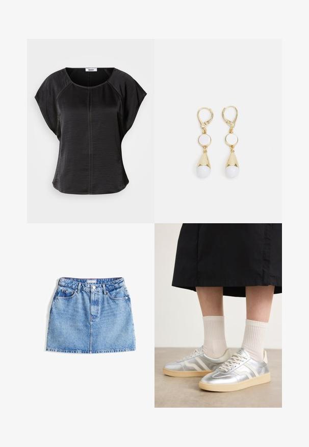 Black short-sleeve top with a relaxed fit, featuring a round neckline and contrasting tan stitching on the front and along the seams.; Denim mini skirt in light blue with a five-pocket design, button closure, and subtle faded texture. Features a branded waistband label.; Silver synthetic sneakers with white stripes, cream sole, and textured surface; paired with light ribbed socks and a black skirt.; Gold-tone drop earrings featuring a circular white stud and a teardrop-shaped white bead with a tapered gold accent.