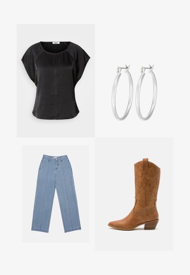 Schwarzes Kurzarmoberteil mit lässiger Passform, runder Halslinie und kontrastierenden sandfarbenen Nähten auf der Vorderseite und entlang der Nähte.; Hellblaue weite Jeans aus Denim. Mit hoher Taille, Knopfschluss und sichtbaren Nähten. Auf der Vorderseite sind keine Taschen sichtbar.; Braune Leder-Cowboy-Stiefel mit spitzem Zehenbereich, bestickten Wirbelmustern am Schaft und einem gestapelten Blockabsatz. Verfügt über einen Ziehriemen für das einfache Anziehen.; Silberne Creolen mit einer glatten, polierten Oberfläche. Runder Form und sicherem Klickverschluss. Leichtes Design, geeignet für den täglichen Gebrauch.