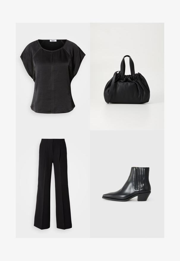 Črni kratkosleevni top z ohlapnim krojem, okroglim izrezom in kontrastnim bež šivom spredaj ter vzdolž šivov.; Črne hlače iz gladkega materiala, z visokim pasom, širokimi nogavicami in dvema sprednjima pregiboma za dodatno oblikovanje.; Črne usnjene gležnjarje s koničastim nosom, elastičnimi stranskimi paneli z navpičnimi utori in nizko blokasto peto. Gladka tekstura in eleganten dizajn.; Črna usnjena torbica z zloženim zgornjim dizajnom, opremljena z dvema kratkima ročkama in dolgo nastavljivo naramnico. Gladka tekstura, okrogla oblika.
